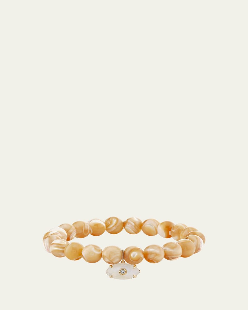 14K Yellow Gold Carved Stone Bezel Evil Eye Charm on Tan Bead Bracelet